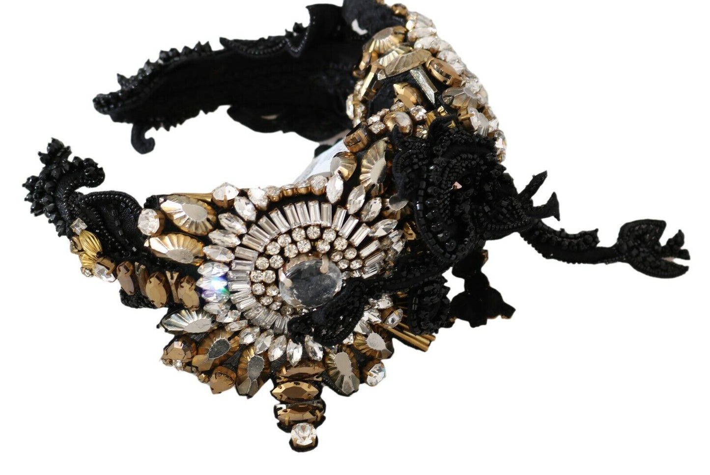 Dolce & Gabbana Black Silk Gold Crystal Studded Diadem